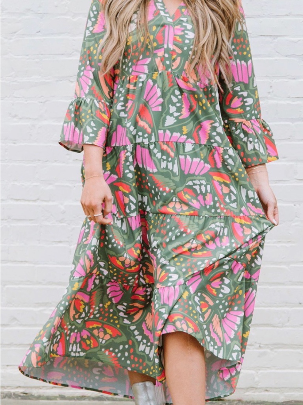 Michelle McDowell Bennette So Fly Tiered Midi Dress with Pink & Orange Accents